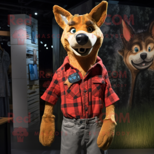 Rust Dingo mascot costume character dressed with a Flannel Shirt and Lapel pins