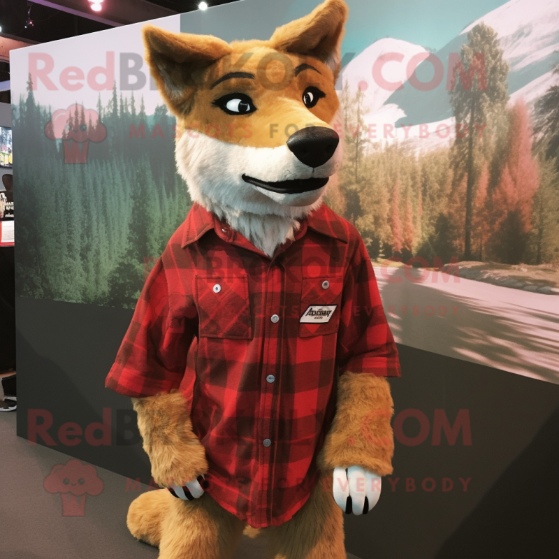 Rust Dingo mascot costume character dressed with a Flannel Shirt and Lapel pins