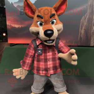 Rust Dingo mascot costume character dressed with a Flannel Shirt and Lapel pins