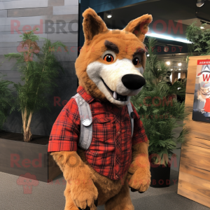 Rust Dingo mascot costume character dressed with a Flannel Shirt and Lapel pins
