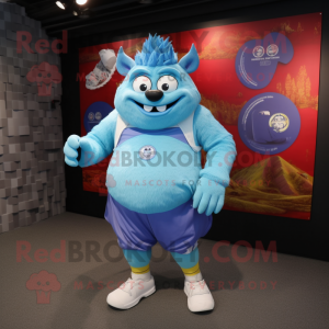 Sky Blue Ogre mascot costume character dressed with a Running Shorts and Coin purses