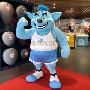 Sky Blue Ogre mascot costume character dressed with a Running Shorts and Coin purses