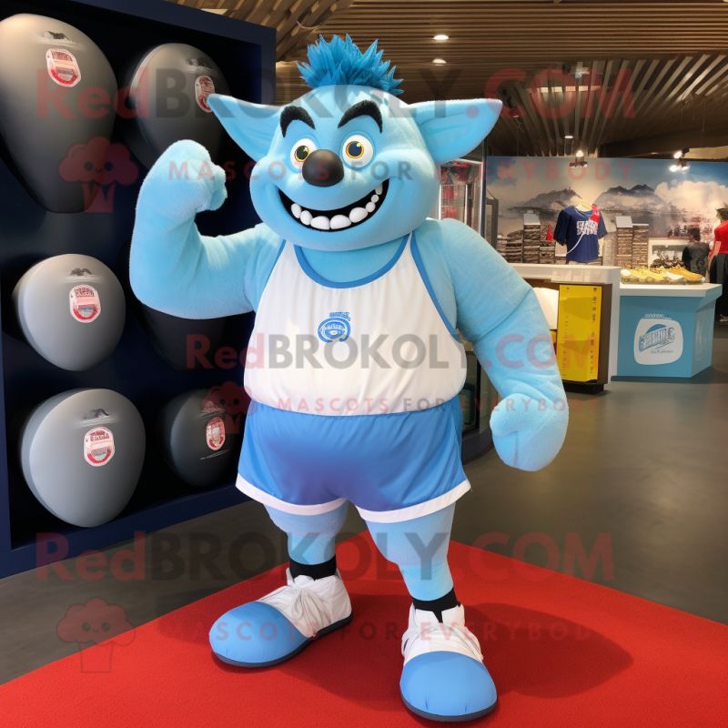 Sky Blue Ogre mascot costume character dressed with a Running Shorts and Coin purses Sky Blue Ogre mascot costume character dressed with a Running Shorts and Coin purses