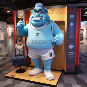 Sky Blue Ogre mascot costume character dressed with a Running Shorts and Coin purses