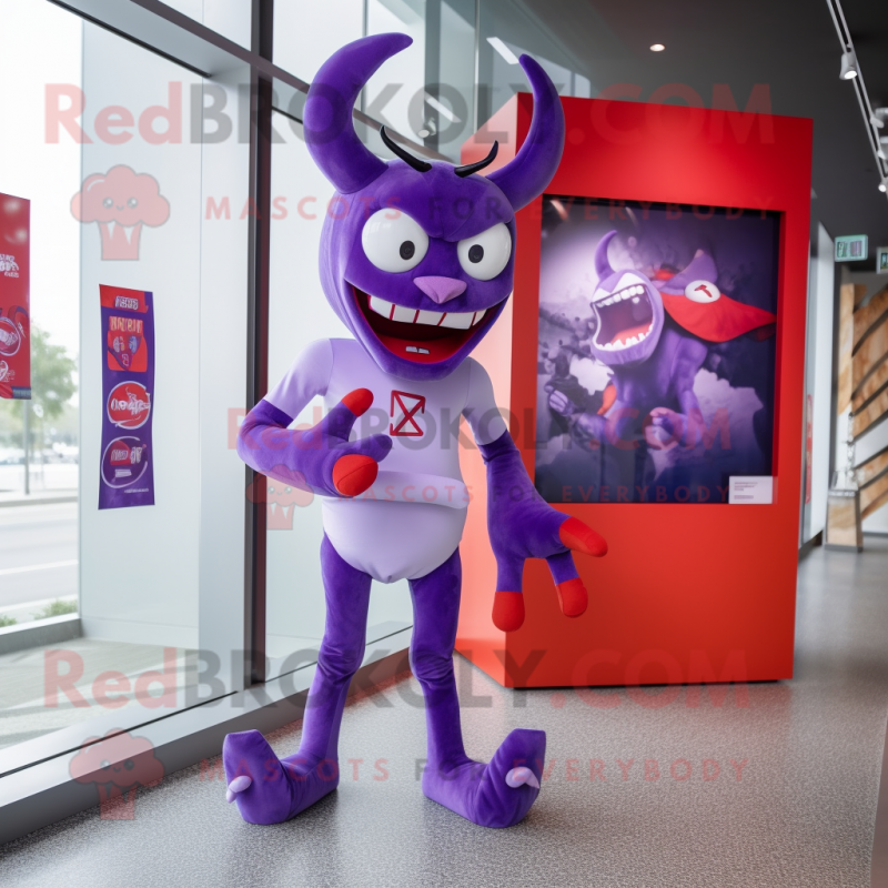 Lavender Devil mascot costume character dressed with a Rash Guard and Ties Lavender Devil mascot costume character dressed with a Rash Guard and Ties