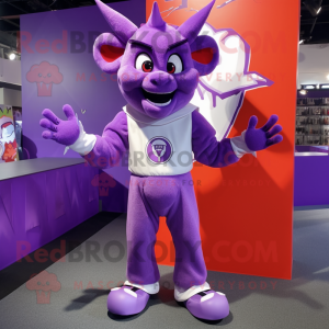 Lavender Devil mascot costume character dressed with a Rash Guard and Ties