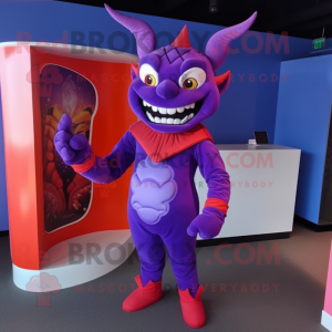 Lavender Devil mascot costume character dressed with a Rash Guard and Ties