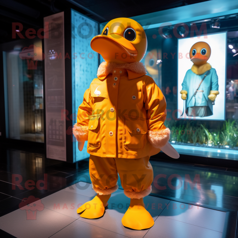 Orange Gosling mascot costume character dressed with a Parka and Cufflinks