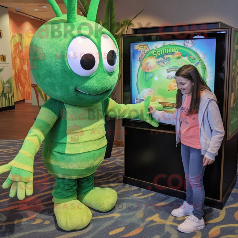 Green Shrimp Scampi mascot costume character dressed with a Cardigan and Watches