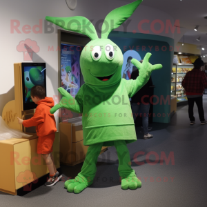 Green Shrimp Scampi mascot costume character dressed with a Cardigan and Watches