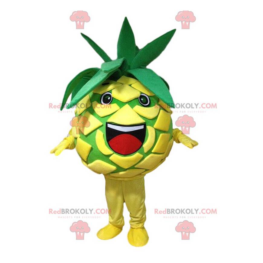 Mascote abacaxi amarelo e verde, fantasia de frutas exóticas -