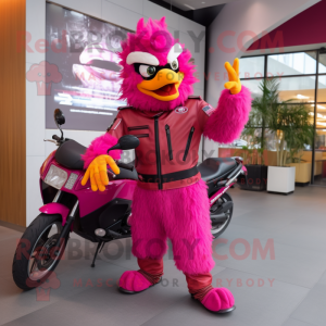 Magenta Fried Chicken mascot costume character dressed with a Moto Jacket and Shoe laces