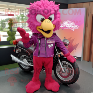 Magenta Fried Chicken mascot costume character dressed with a Moto Jacket and Shoe laces