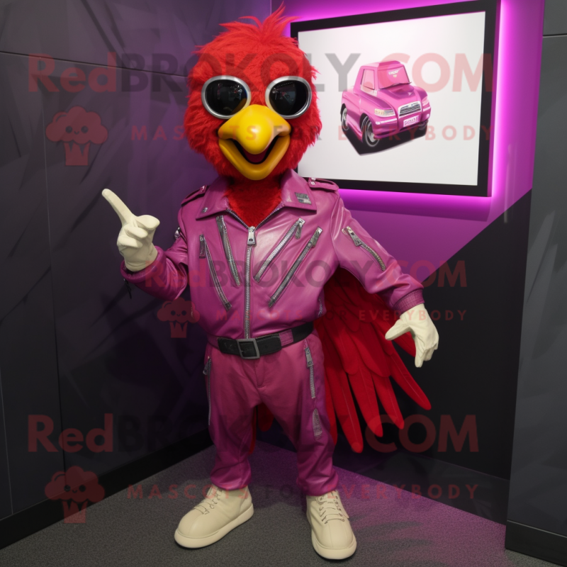 Magenta Fried Chicken mascot costume character dressed with a Moto Jacket and Shoe laces