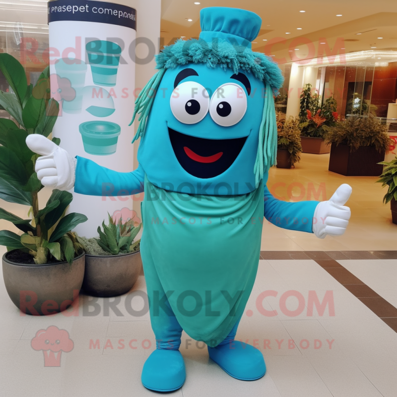 Turquoise Pesto Pasta mascot costume character dressed with a Capri Pants and Gloves Turquoise Pesto Pasta mascot costume character dressed with a Capri Pants and Gloves