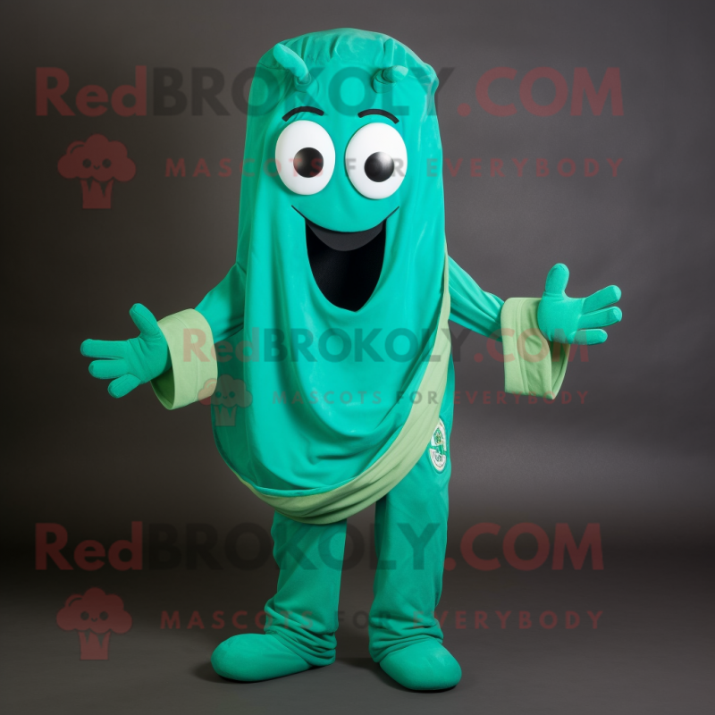 Turquoise Pesto Pasta mascot costume character dressed with a Capri Pants and Gloves