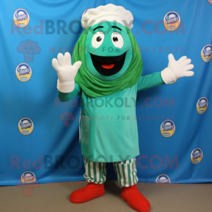 Turquoise Pesto Pasta mascot costume character dressed with a Capri Pants and Gloves