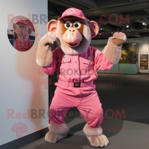 Pink Baboon mascot costume character dressed with a Bodysuit and Berets