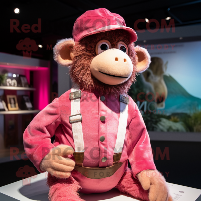 Pink Baboon mascot costume character dressed with a Bodysuit and Berets