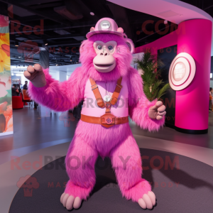 Pink Baboon mascot costume character dressed with a Bodysuit and Berets