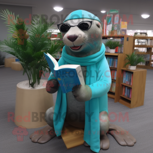 Turquoise Sea Lion mascot costume character dressed with a Trousers and Reading glasses