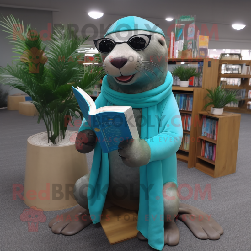 Turquoise Sea Lion mascot costume character dressed with a Trousers and Reading glasses