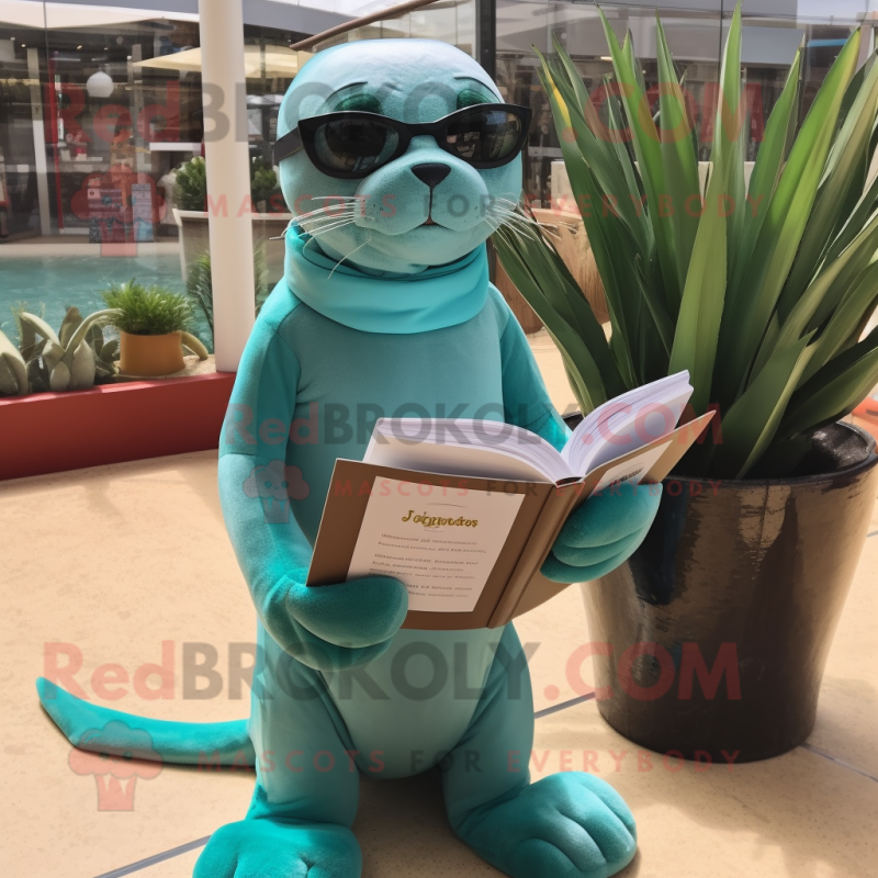 Turquoise Sea Lion mascot costume character dressed with a Trousers and Reading glasses