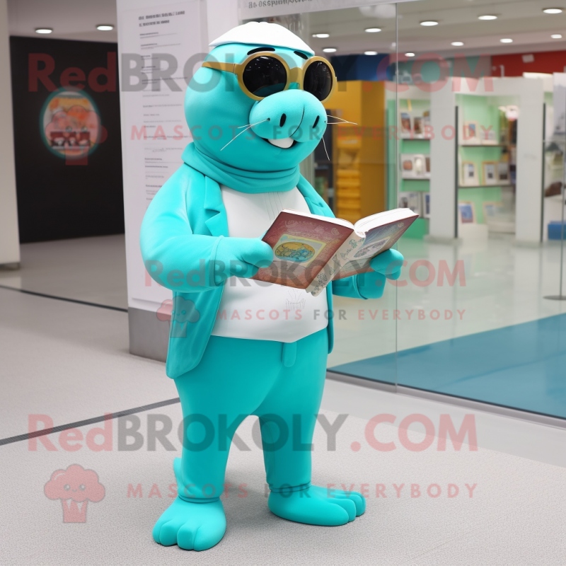 Turquoise Sea Lion mascot costume character dressed with a Trousers and Reading glasses