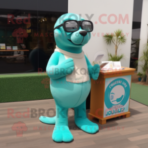 Turquoise Sea Lion mascot costume character dressed with a Trousers and Reading glasses