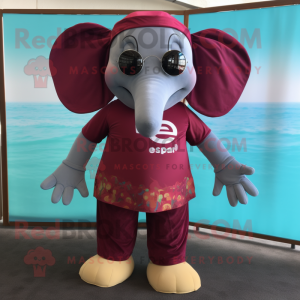 Maroon Elephant mascot costume character dressed with a One-Piece Swimsuit and Sunglasses