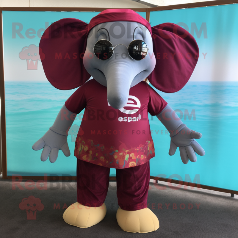 Maroon Elephant mascot costume character dressed with a One-Piece Swimsuit and Sunglasses