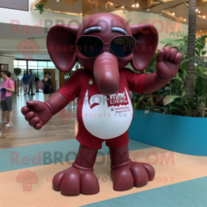 Maroon Elephant mascot costume character dressed with a One-Piece Swimsuit and Sunglasses