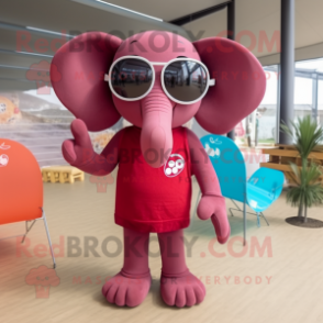 Maroon Elephant mascot costume character dressed with a One-Piece Swimsuit and Sunglasses