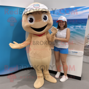 Tan Mermaid mascot costume character dressed with a Shorts and Beanies