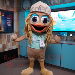 Tan Mermaid mascot costume character dressed with a Shorts and Beanies