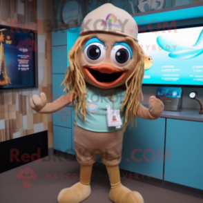 Tan Mermaid mascot costume character dressed with a Shorts and Beanies