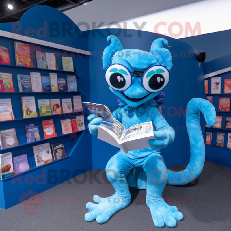 Blue Hydra mascot costume character dressed with a Playsuit and Reading glasses