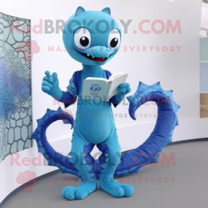 Blue Hydra mascot costume character dressed with a Playsuit and Reading glasses