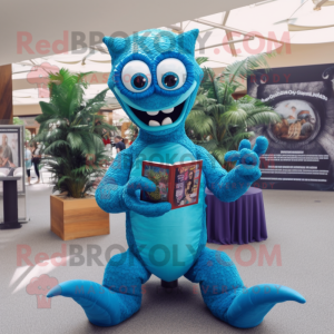 Blue Hydra mascot costume character dressed with a Playsuit and Reading glasses