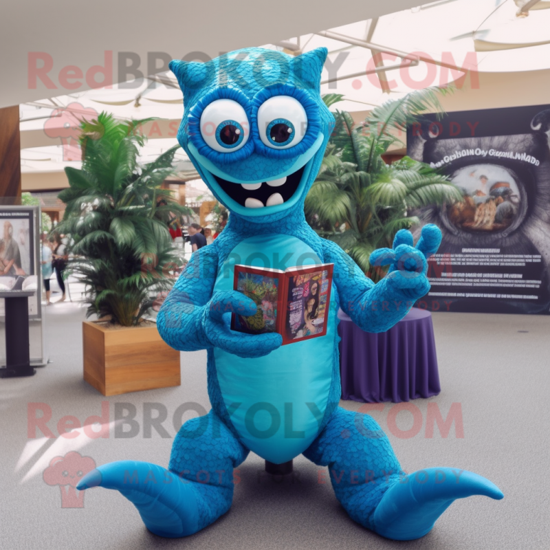 Blue Hydra mascot costume character dressed with a Playsuit and Reading glasses Blue Hydra mascot costume character dressed with a Playsuit and Reading glasses