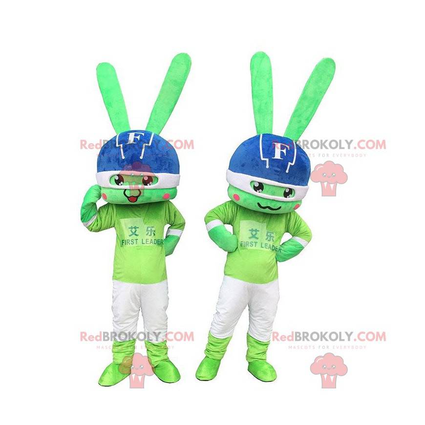 2 groene konijnenmascottes, kleurrijke konijnenkostuums -