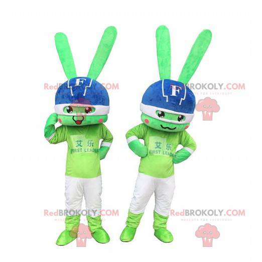 2 groene konijnenmascottes, kleurrijke konijnenkostuums -