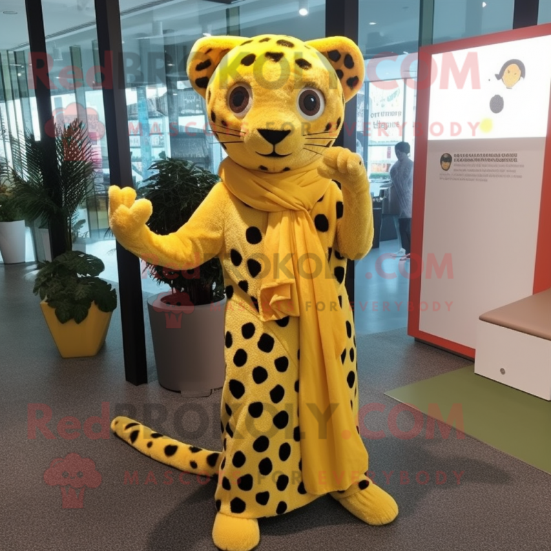 Lemon Yellow Leopard mascot costume character dressed with a Trousers and Shawl pins