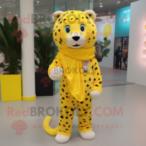 Lemon Yellow Leopard mascot costume character dressed with a Trousers and Shawl pins