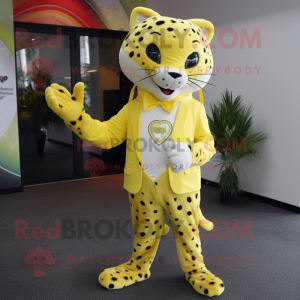 Lemon Yellow Leopard mascot costume character dressed with a Trousers and Shawl pins