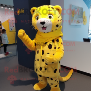 Lemon Yellow Leopard mascot costume character dressed with a Trousers and Shawl pins