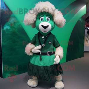 Forest Green Merino Sheep mascot costume character dressed with a Mini Skirt and Lapel pins