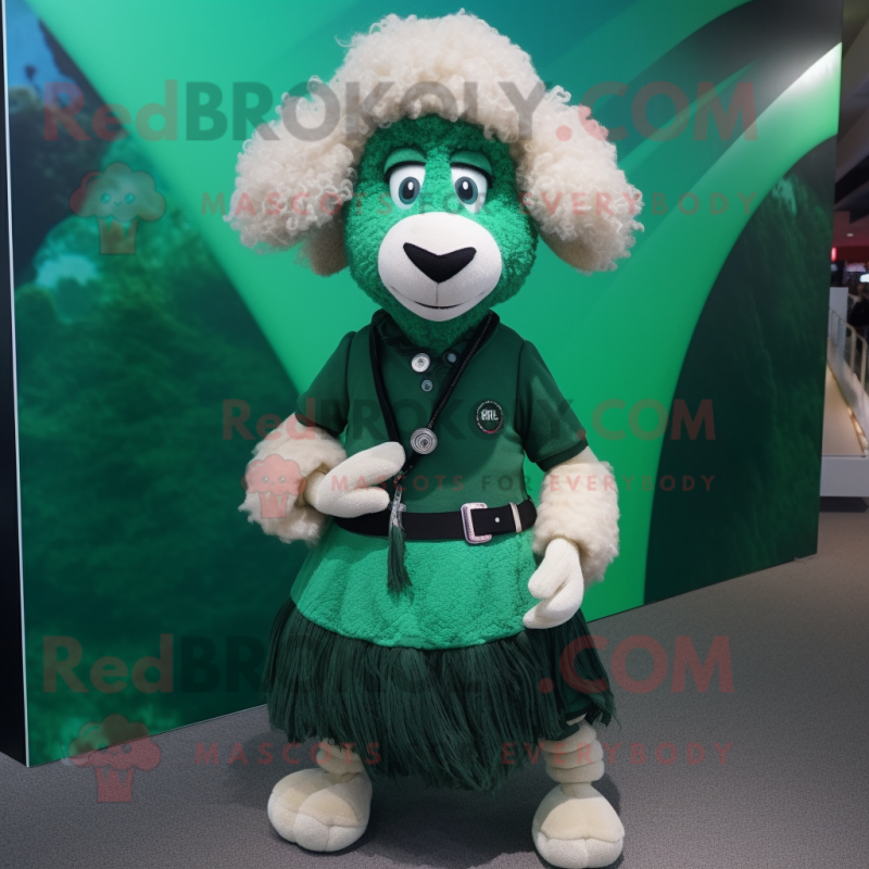 Forest Green Merino Sheep mascot costume character dressed with a Mini Skirt and Lapel pins