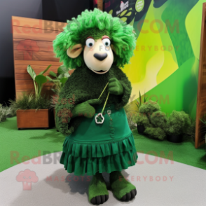 Forest Green Merino Sheep mascot costume character dressed with a Mini Skirt and Lapel pins