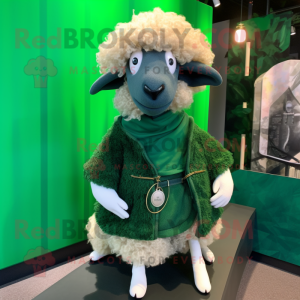 Forest Green Merino Sheep mascot costume character dressed with a Mini Skirt and Lapel pins